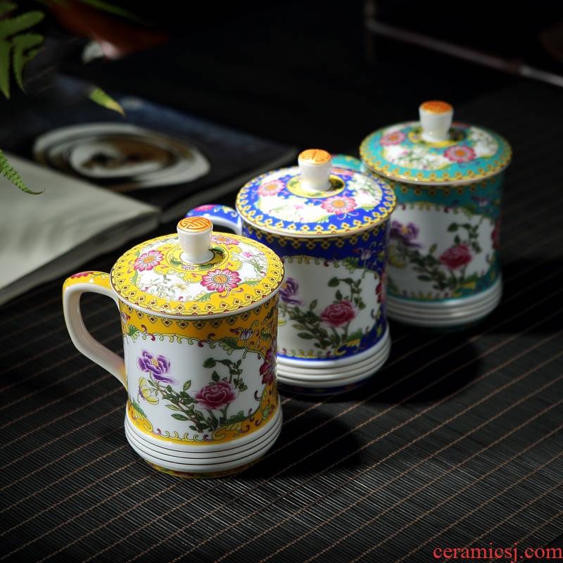 Jingdezhen ceramics cups with cover cup colored enamel office meeting domestic large capacity personal gift