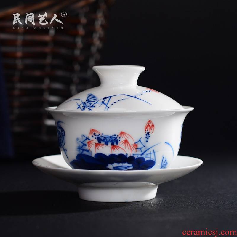 Blue and white porcelain teacup tureen ceramic teapot kung fu tea set Blue - and - white only three bowl of flower tea cups white porcelain bowl