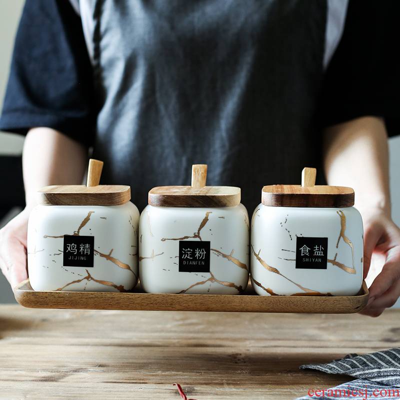 Nordic matte enrolled in marble ceramic sauce seasoning, cooking pot home box of kitchen seasoning spice bottles suit