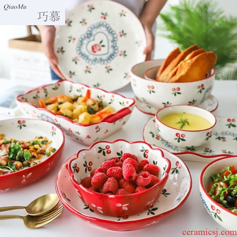 Qiao mu cherry than ceramic tableware suit long tableware chopsticks soup bowl bowl meal plate plate rainbow such use