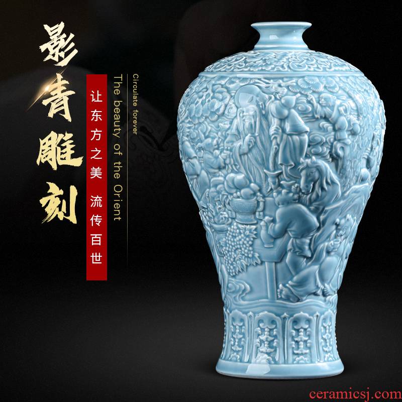 Jingdezhen ceramics green glaze anaglyph antique vases, flower arranging Chinese style living room home furnishing articles rich ancient frame decorations
