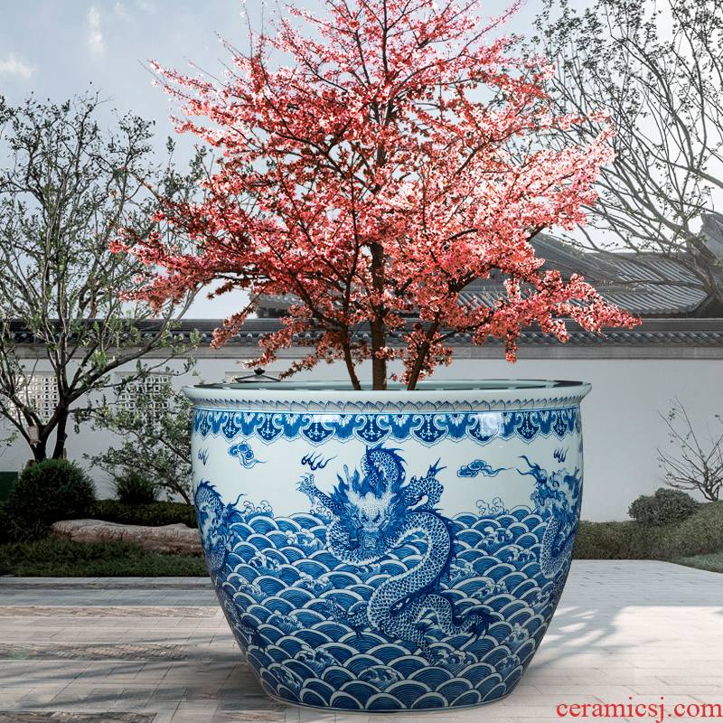Blue and white porcelain of jingdezhen ceramic tank koi hand - made China painting and calligraphy cylinder of new Chinese style household hotel courtyard furnishing articles