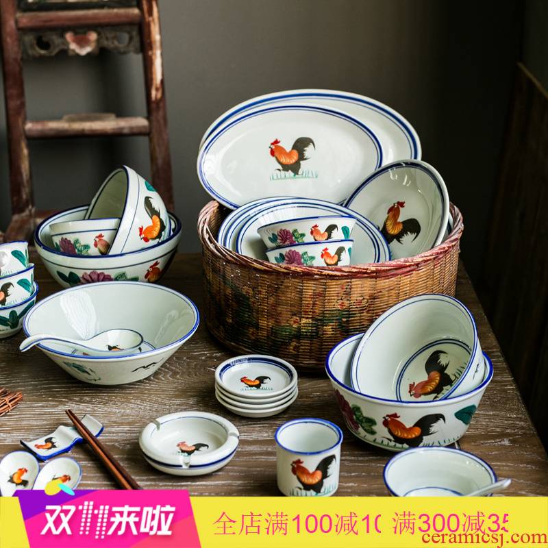 Retro nostalgia Chinese ceramic rooster large to thicken the soup bowl noodles bowl restaurant use ltd. ceramic tableware