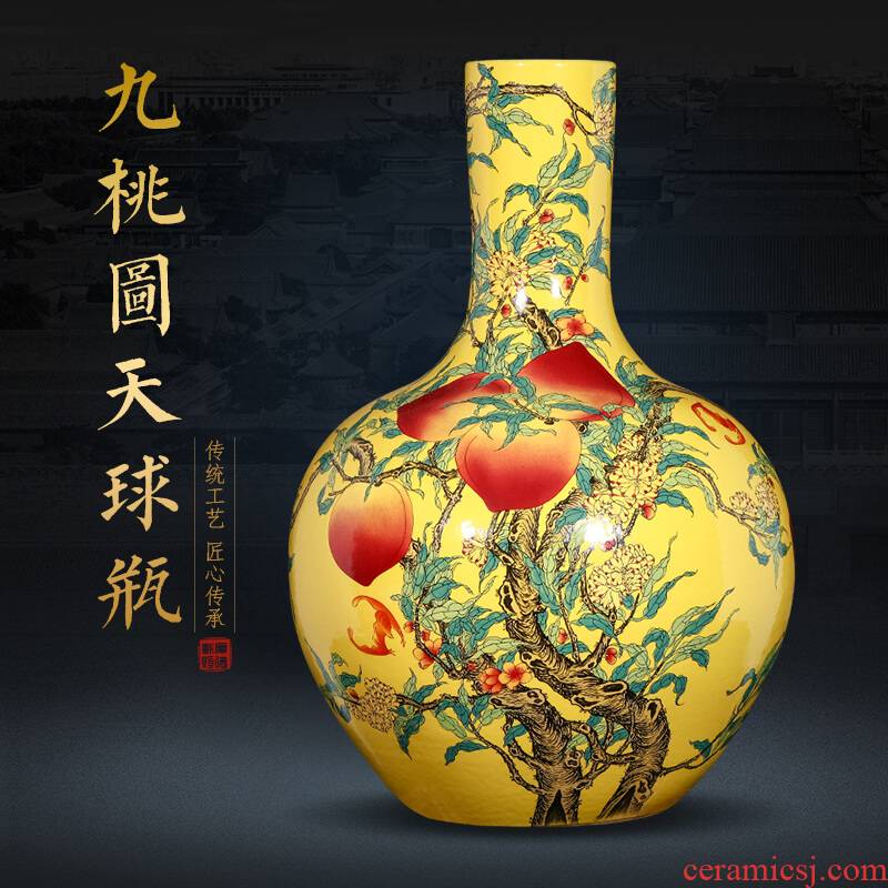 Jingdezhen ceramics nine yellow peach figure vase furnishing articles living room flower arranging large Chinese style household ornaments