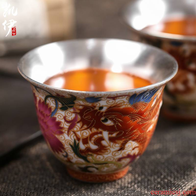 Colored enamel auspicious Long Liu kung fu tea cups sample tea cup silver cup jingdezhen ceramic cup tea masters cup