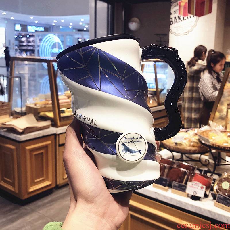 Creative blue large capacity mugs ceramic coffee cups with cover teaspoons of household water cup han edition female students