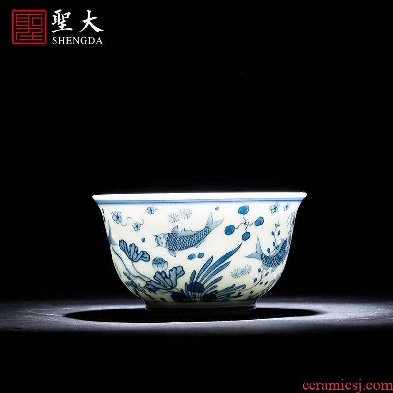 Holy big cup sample tea cup hand - made ceramic kung fu the qing Hualien left algal lines master cup of jingdezhen tea service by hand