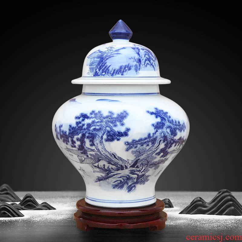 Jingdezhen blue and white porcelain jar furnishing articles landscape decorations with cover storage tank sitting room tea pot of new Chinese style decoration