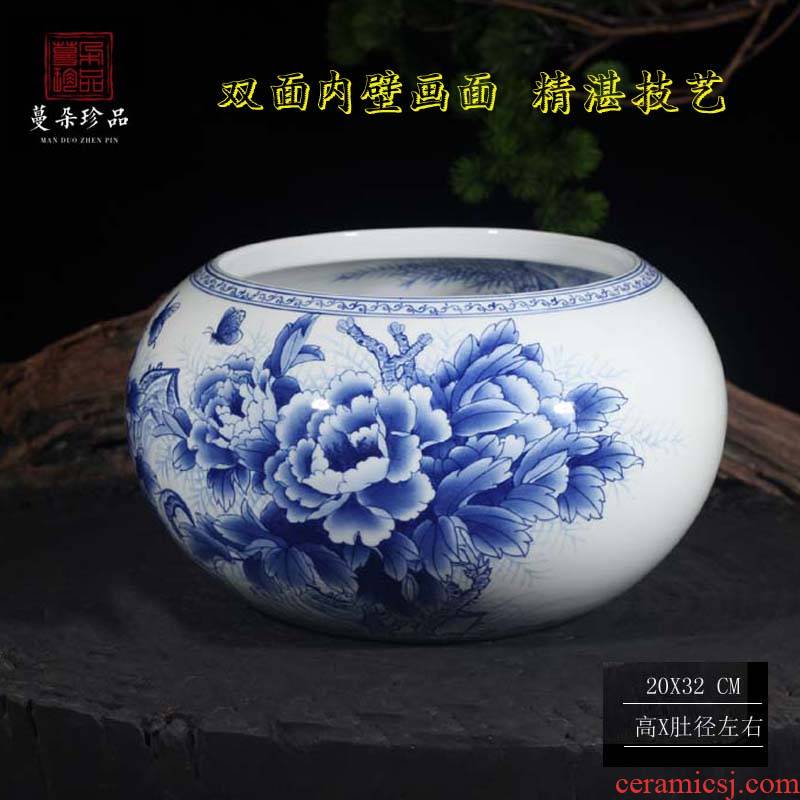 Blue and white double - sided peony peony writing brush washer from jingdezhen Blue and white porcelain porcelain basin display writing brush washer water is shallow