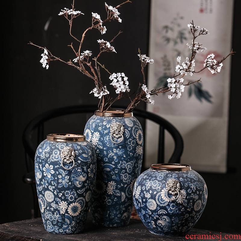 Jingdezhen ceramics archaize dried flowers of modern Chinese style living room home decoration flower arrangement of blue and white porcelain vase furnishing articles