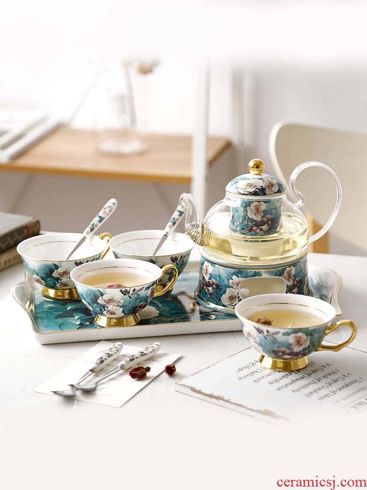 Qiao MuDuJuan bird heating ceramic glass teapot set insulation belt filter European afternoon tea tea tea