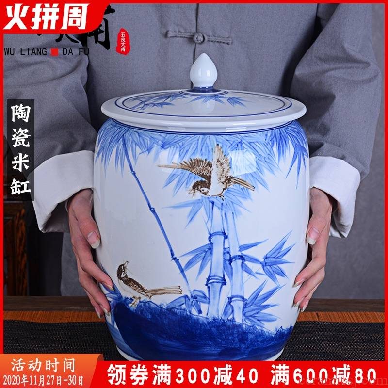 Jingdezhen hand - made ceramic barrel with cover with 25 kg pack old flour barrels moistureproof insect - resistant seal pot in the kitchen