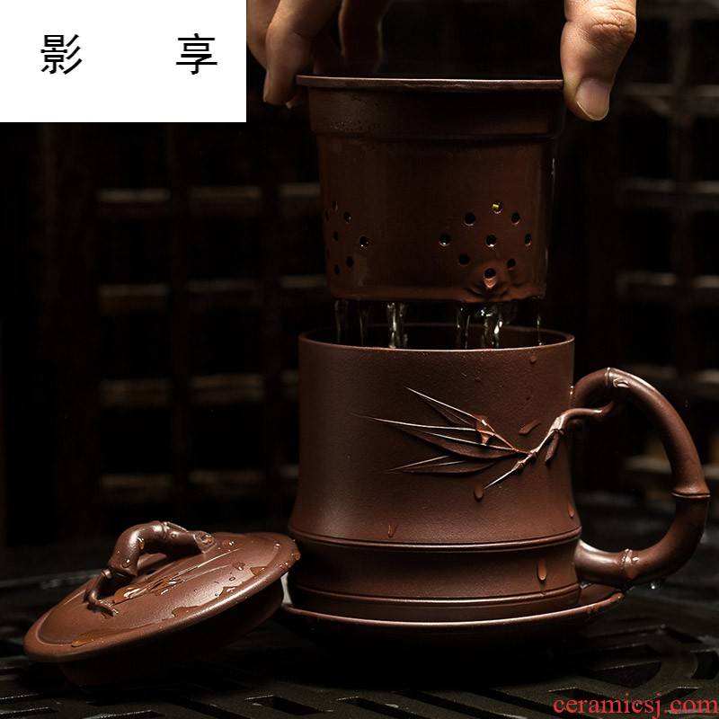 Shadow at yixing purple sand cup golden period of carved bamboo four cups of purple sand cup with cover filter tank office cup