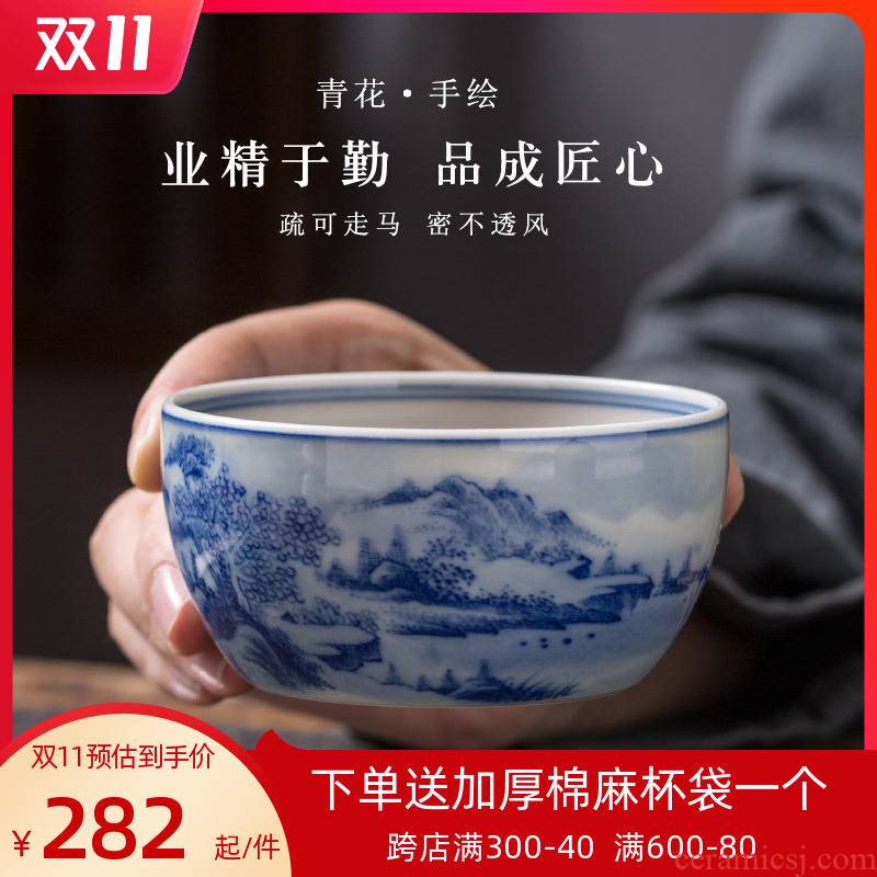 Blue and white master cup single cup large ceramic sample tea cup pure manual jingdezhen tea bowl full hand - made scenery cup