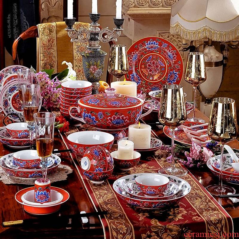 Red xin 79 head of jingdezhen antique Red ipads porcelain enamel pastel color emperor palace ceramics tableware suit dishes