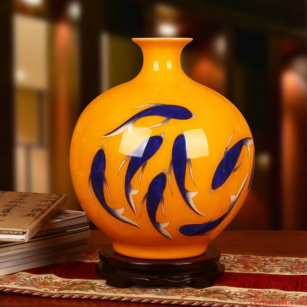 Jingdezhen ceramics gold straw with fish yellow vase study Chinese handicraft furnishing articles year after year