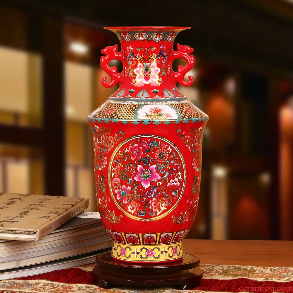 Jingdezhen ceramics high - grade crystal glaze red ears around China branch lotus bottles of modern Chinese style furnishing articles decoration
