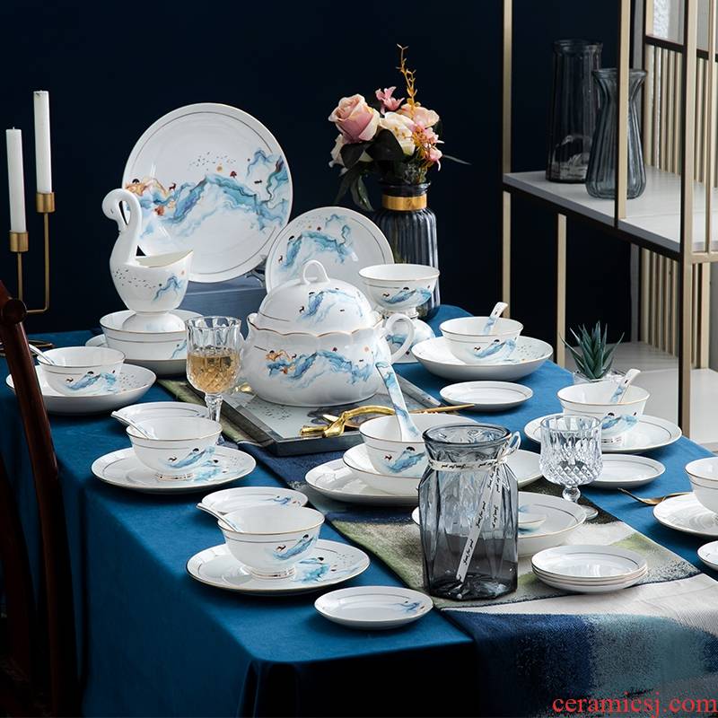 Chinese dishes suit Chinese style household high - grade ipads China tableware light key-2 luxury dishes jingdezhen landscape cutlery set