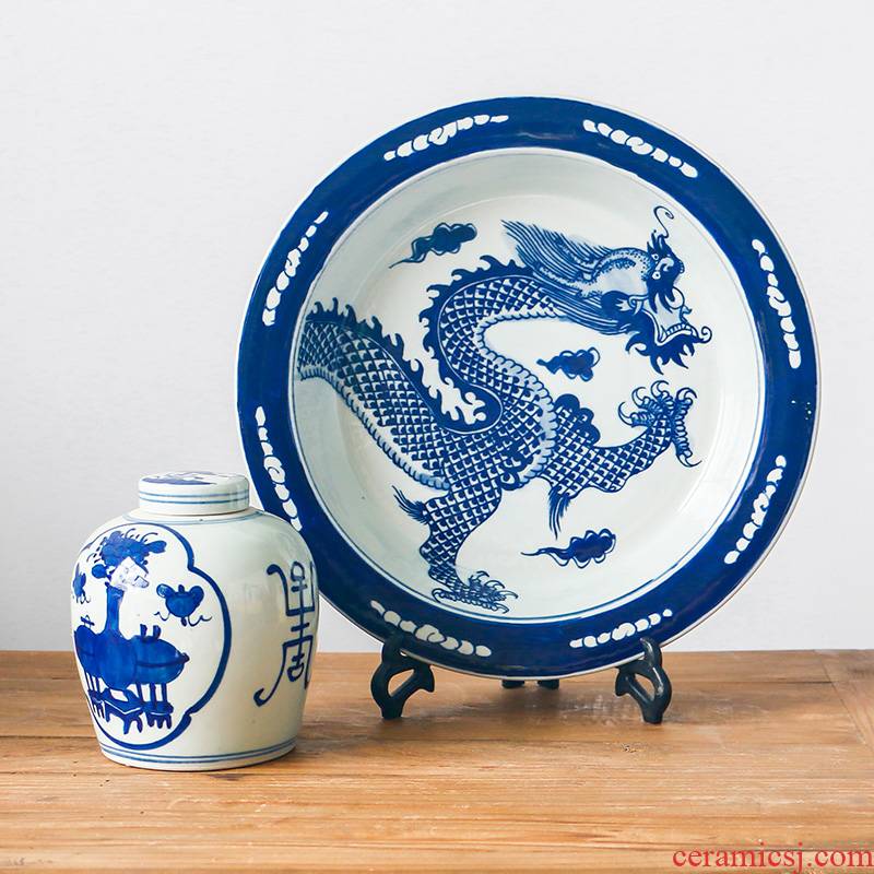 Chinese classical jingdezhen blue and white dragon grain ceramic lavabo flowers shallow bowl sitting room adornment desktop furnishing articles