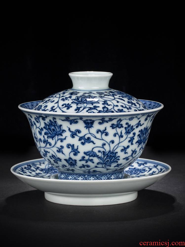 Tureen tea cups of jingdezhen blue and white maintain large hand - made ceramic tea bowl bound branch lotus three Tureen pure manual