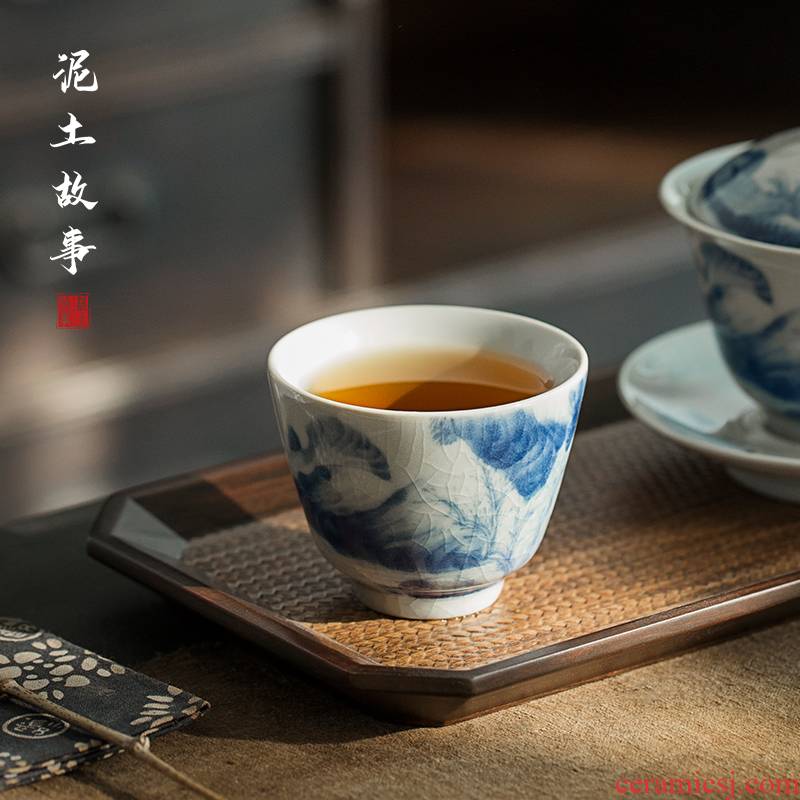 Jingdezhen blue and white landscape manual hand - made ceramic pressure hand of master cup sitting room tea pu 'er tea cup