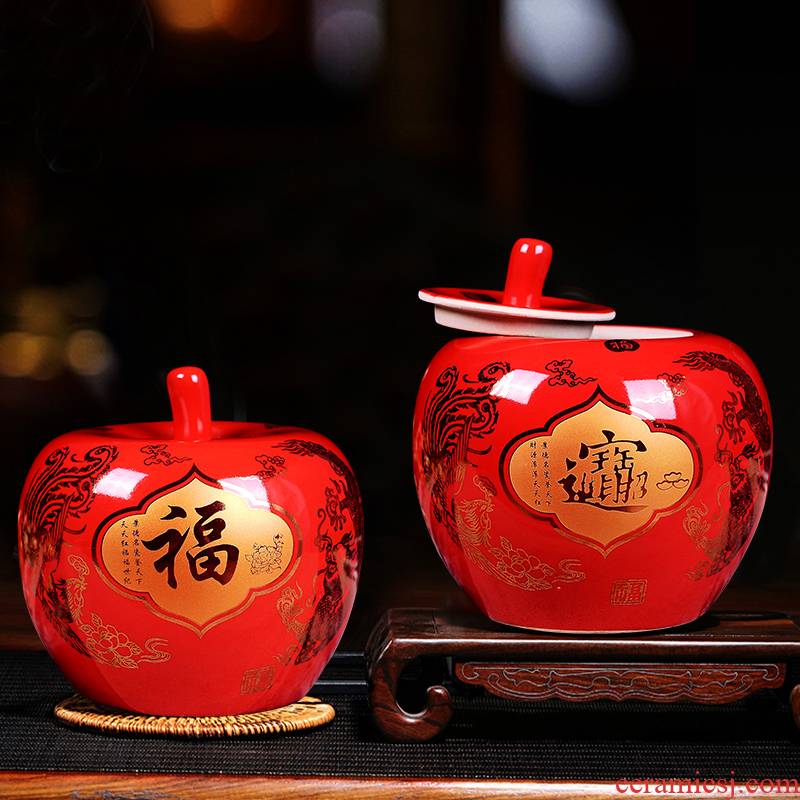 Jingdezhen porcelain ceramic vase furnishing articles with cover red China wedding bridal chamber pot of modern household ornaments