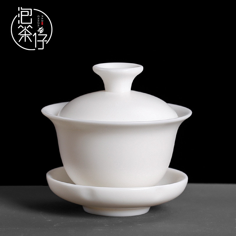 Dehua white porcelain ancient suet jade three cups to make tea tureen ceramics from the big bowl with a single hand grasp