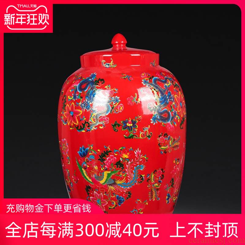 Jingdezhen ceramics vase landing barrel storage tank Chinese red longfeng sitting room furniture new home furnishing articles of marriage