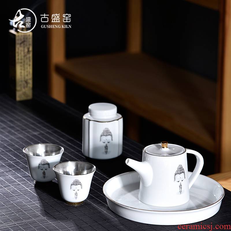Ancient sheng up 2 new Japanese hand - made asked Buddha porcelain cup to crack a pot of two cups of portable is suing travel kit