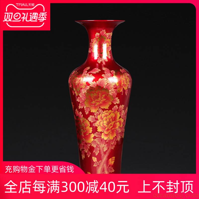 Jingdezhen ceramics landing large vases, red crystal glaze peony furnishing articles decorations home sitting room move