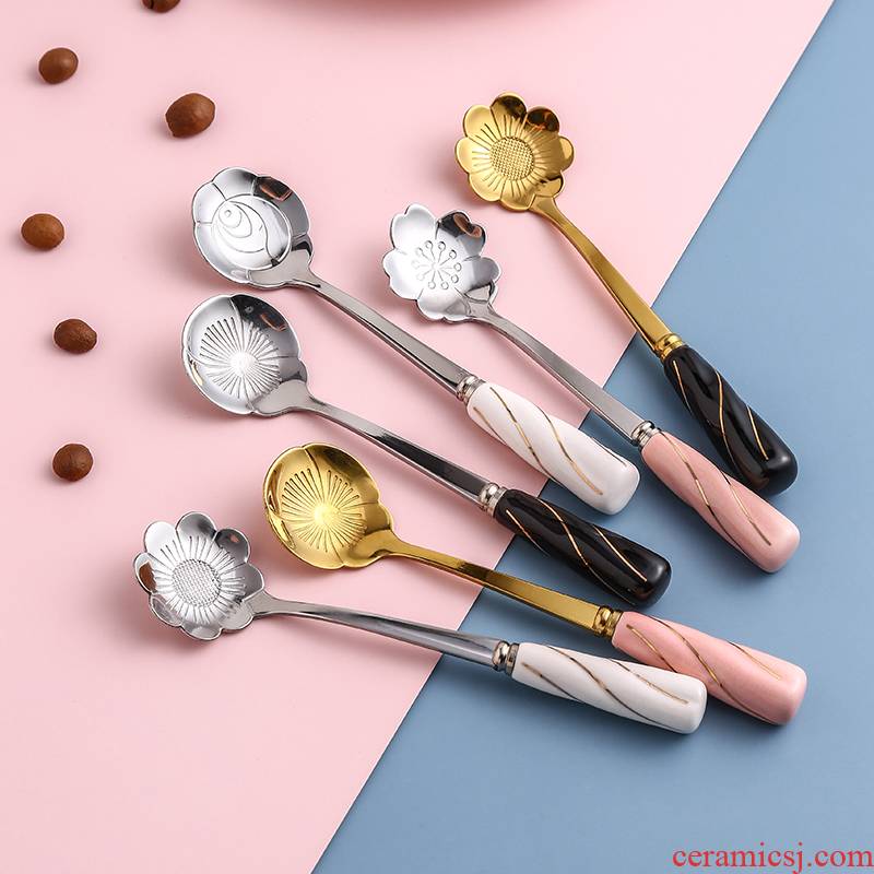 Japanese long - handled spoon stir creative lovely cherry blossom put ceramic coffee spoon, sweet yogurt stainless steel spoon, small petals