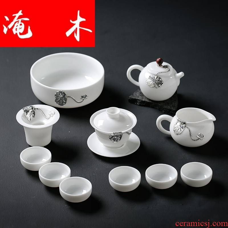 Flooded wood with silver dehua white porcelain kung fu tea set the whole office tea tureen teapot tea cups porcelain