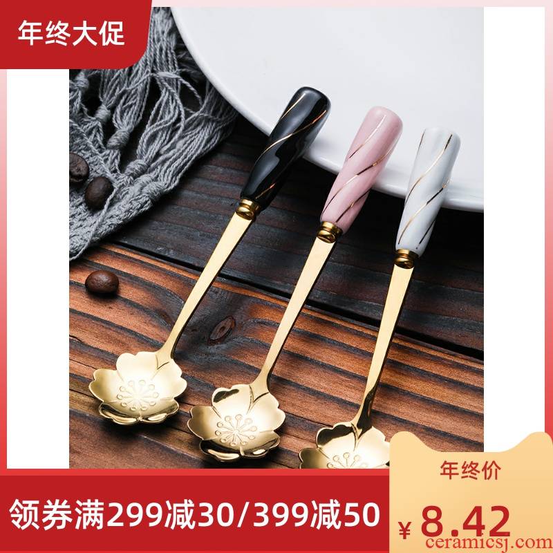 Japanese golden cherry blossom put coffee spoon, small creative lovely long handle milk powder mixing spoon, exquisite dessert spoon short ceramic