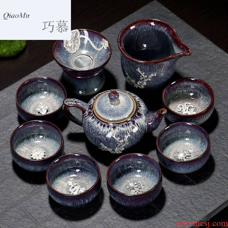 Qiao mu silver household ceramics jingdezhen kung fu silver tea set bladder built lamp round drum teapot obsidian tureen