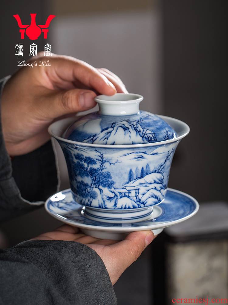 Clock home up tureen jingdezhen blue and white maintain manual landscape tea bowl of blue and white porcelain tea set. A single three cups