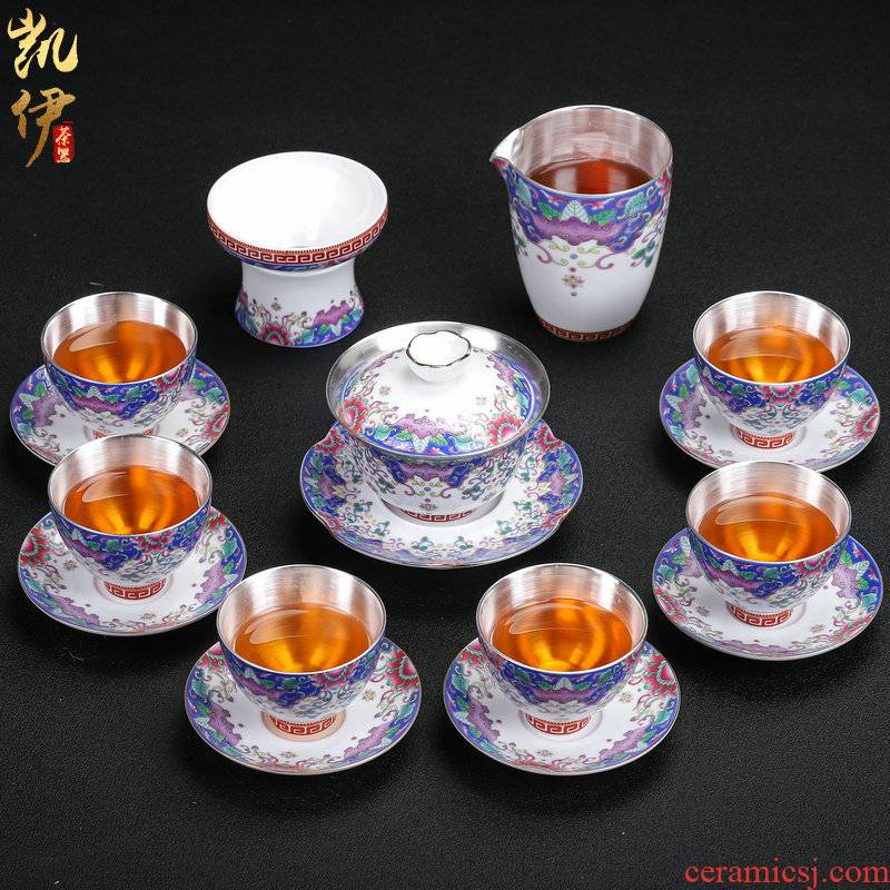 Butterfly flower is tasted silver gilding kung fu tea sets jingdezhen ceramic tea set silver home office tea tureen gifts