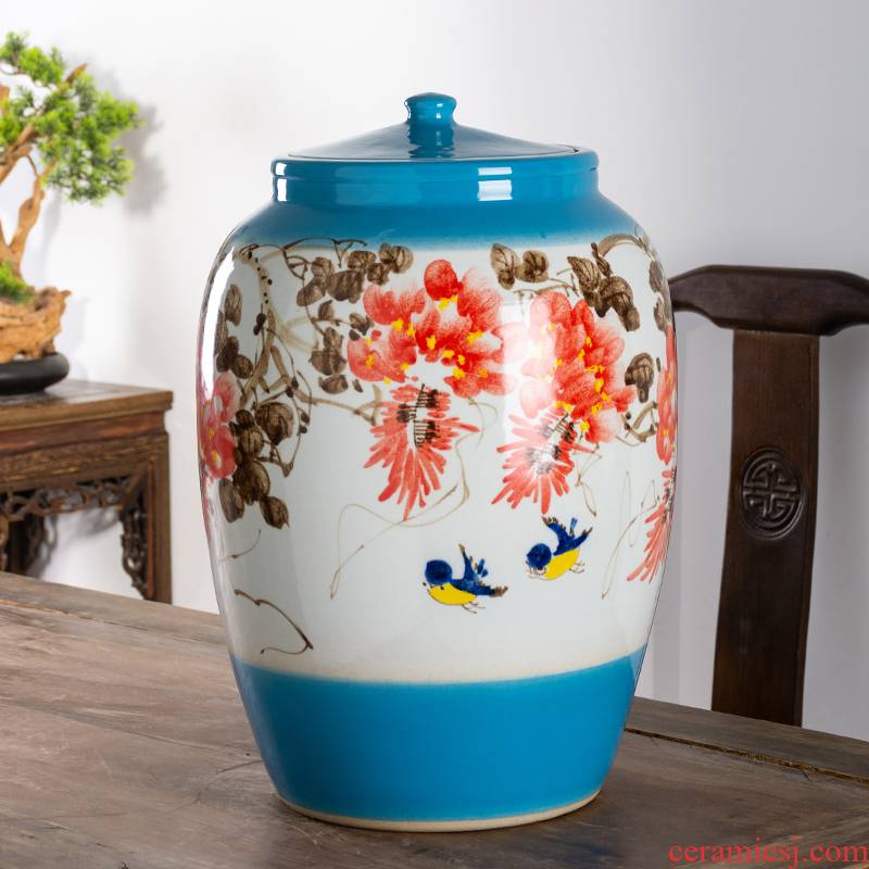 Jingdezhen hand - made ceramic barrel with cover with 25 kg, 50 kg kitchen ricer box moistureproof insect - resistant storage tank