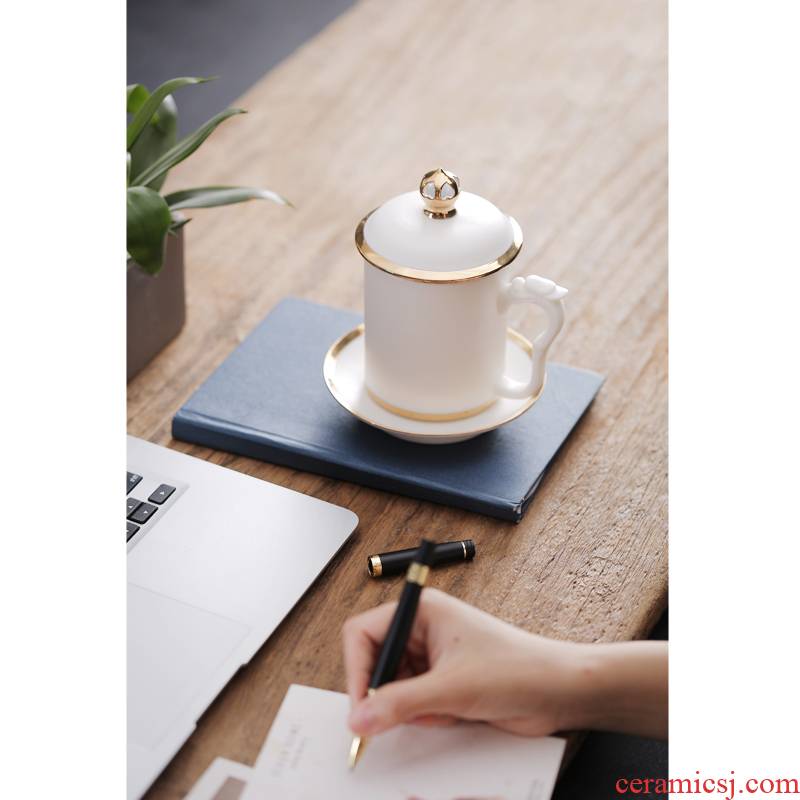 Creative dehua white porcelain office cup cup pure manual paint ceramic cups with cover with the filter glass cup and meeting