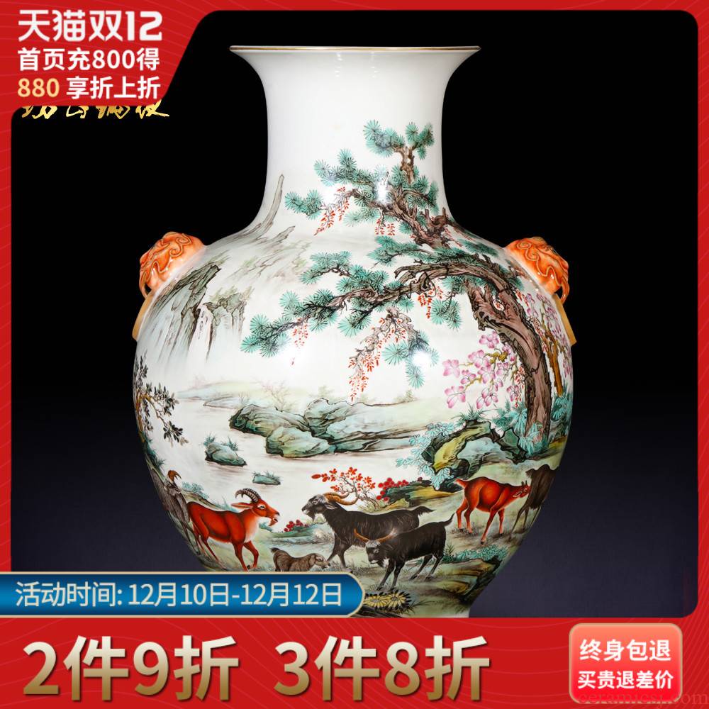 Jingdezhen ceramics furnishing articles archaize pastel gloat lion shell vase Chinese style living room craft ornaments