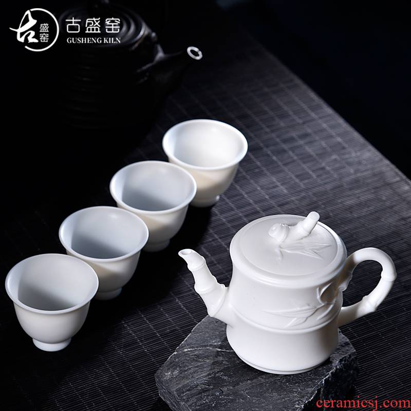 Ancient sheng up 4 new manual kaolin ceramic suet jade suit white porcelain four cups of a complete set of a pot of tea
