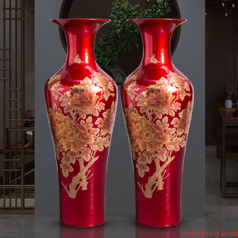 Jingdezhen ceramics China red crystal glaze oversized ground vase home sitting room hotel adornment furnishing articles