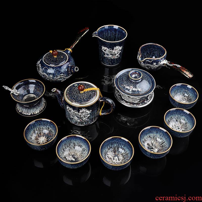Kung fu tea set suit household up temmoku glaze up of a complete set of Chinese ceramic cup lid bowl masterpieces