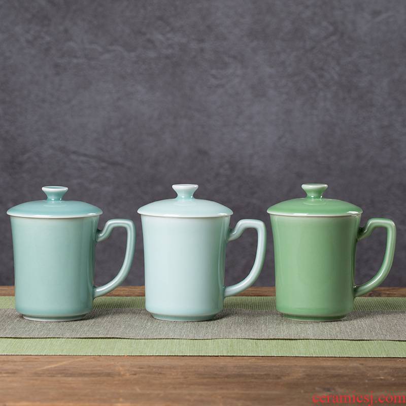 Longquan celadon porcelain cup with cover sheet glass office cup keller for household tea cups
