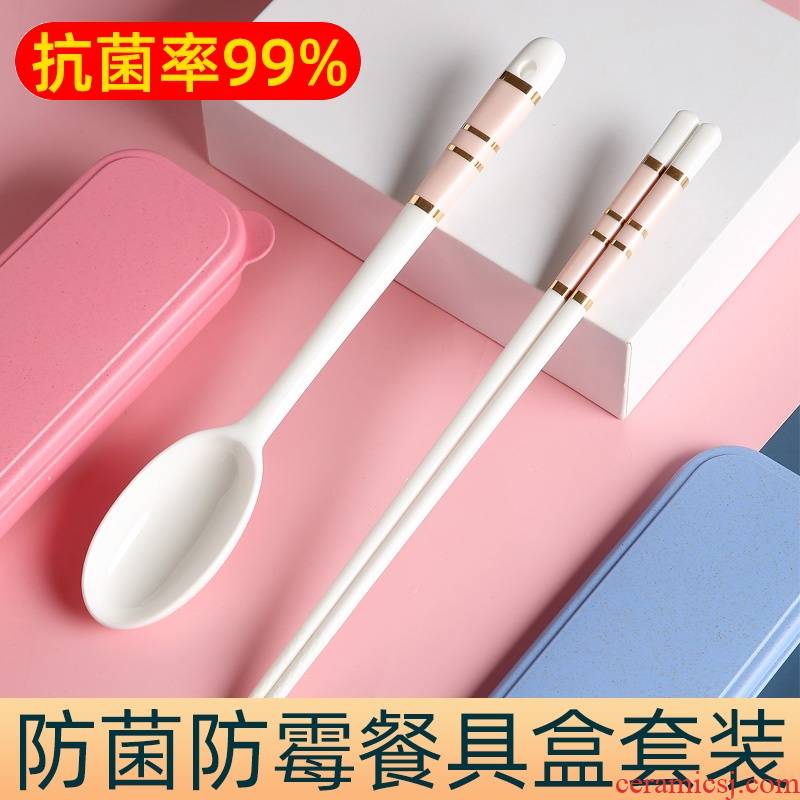 Portable ceramic chopsticks spoons suit one person eat lovely two - piece single student workers receive tableware box