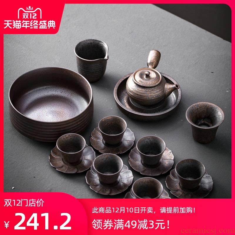 Coarse pottery gold 秞 side put the pot of restoring ancient ways suit household kung fu tea teapot teacup ceramics single mat