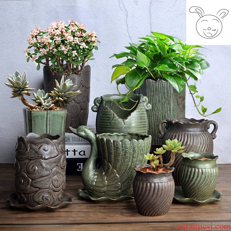 Fleshy flower - pot ceramic basin of creative household contracted green plant to restore ancient ways some ceramic pot the plants breathable composite basin large size
