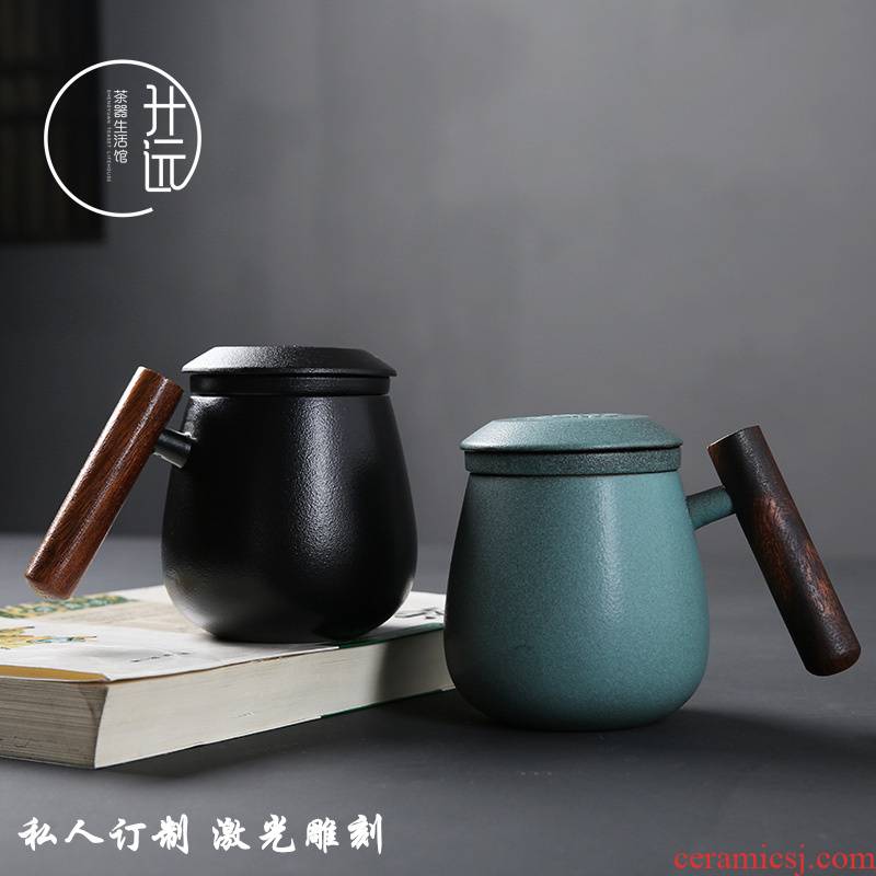Coarse pottery tea cup of portable office cup retro ceramic creative wooden handle travel crack cup cover cup filter three - piece suit