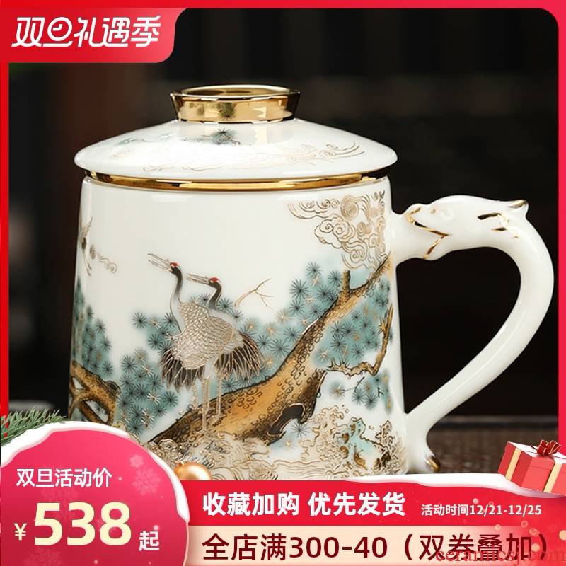 Jingdezhen tea cups separation suet jade white porcelain cup of household ceramic filter tea cup with cover office