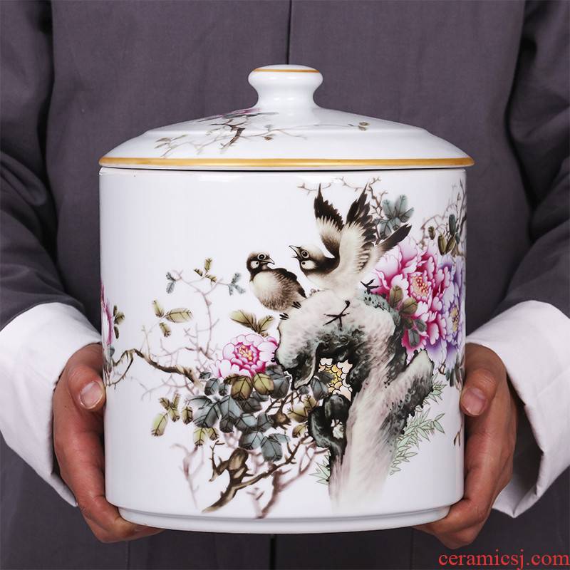 Jingdezhen ceramic hand - made blooming flowers caddy fixings large household seal storage tank tea urn porcelain jar