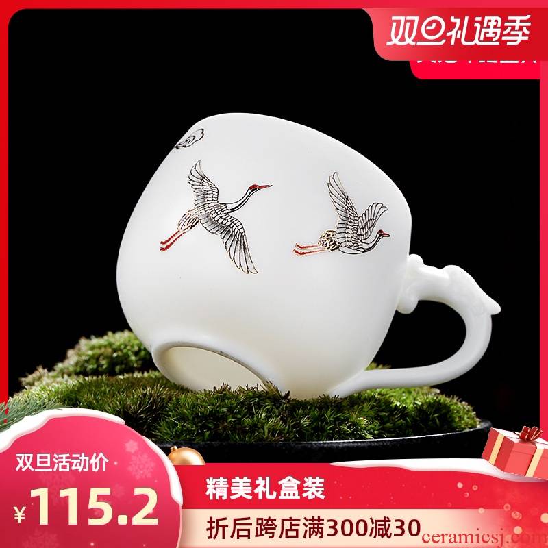 Artisan fairy dehua white porcelain household kung fu masters cup hand - made ceramic cups cups with handle sample tea cup single CPU
